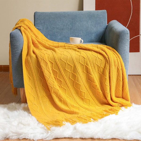 Throws & Afghans Yellow Throw Blanket Faux Cashmere Sofa Cover Vertical Bar Diamond Knit Plaid Tassels 130*180Cm