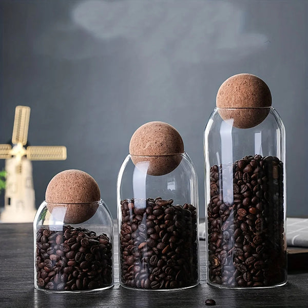 Canisters & Jars Condiments Container Set Of Three Glass Jars With Cork Ball Lids For Storage