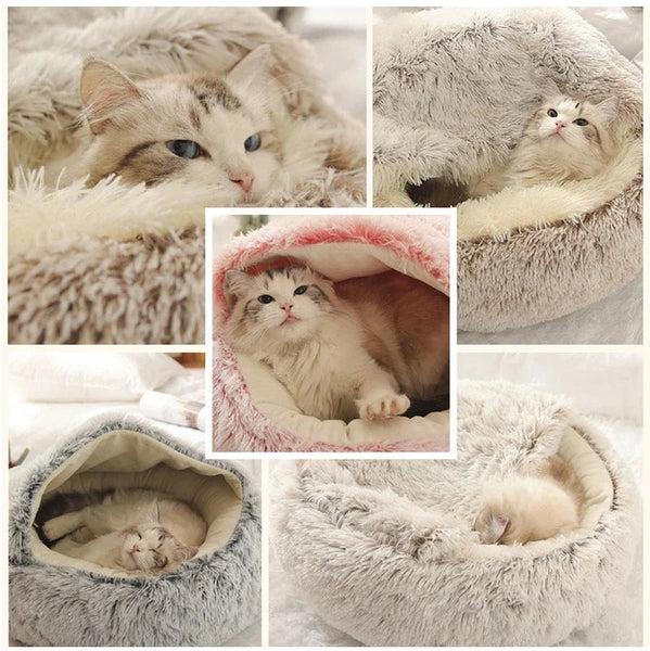 Pet Beds Pet Bed Brown 2In1 Warm Winter Long Plush Cushion Round Nest Kennel