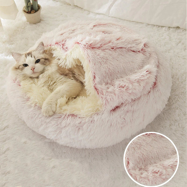 Pet Beds Pet Bed Brown 2In1 Warm Winter Long Plush Cushion Round Nest Kennel