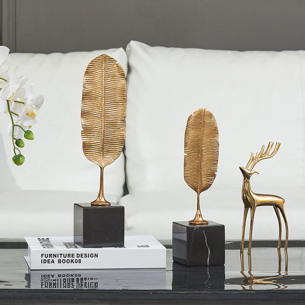 Sculptures & Figurines 31Cm Gold Feather Sculptures Tabletop Home Decor Modern Art Living Room Display