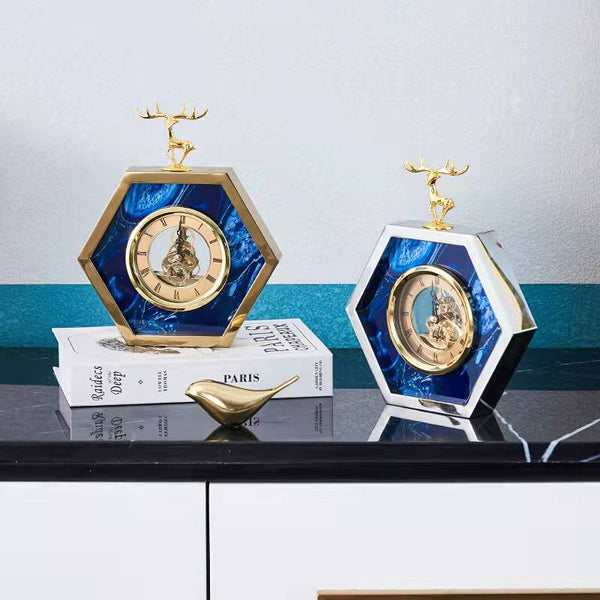 Sculptures & Figurines 23Cm Hexagon Gold Desk Clock Deer Head Tabletop Home Decor Sculptures Figurines