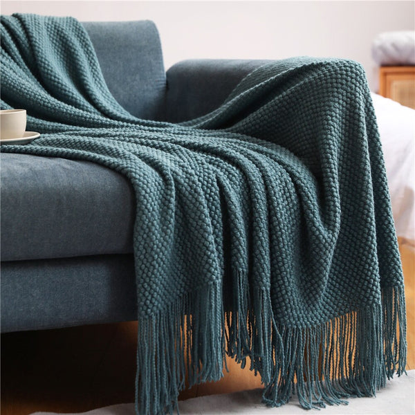 Blankets 127 By 172 Centimetre Morandi Blue Blanket Home Decorative Thickened Knitted Corn Grain Waffle Embossed Winter Warm Tassels Throw Bedspread