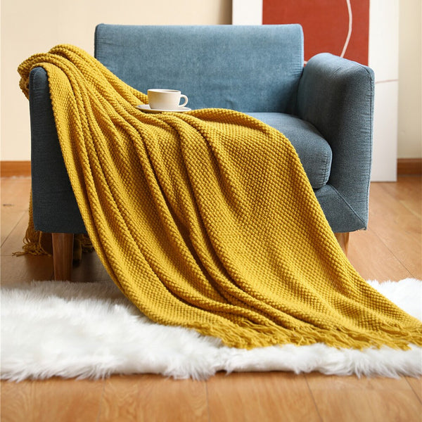 Blankets 127 By 172 Centimetre Yellow Blanket Thickened Knitted Waffle Embossed Throw