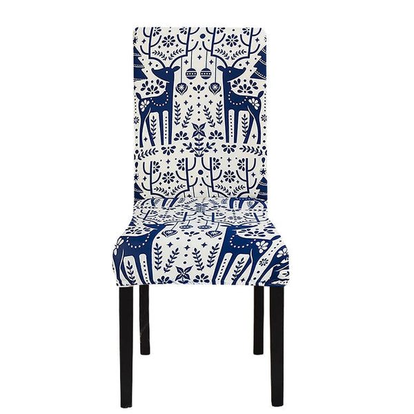 Slipcovers Chair Cover White Blue Xmas Deer Pattern Anti Dirt Elastic Material