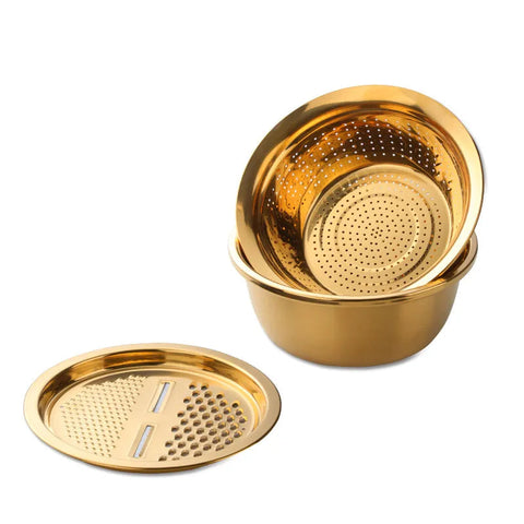 Colanders, Strainers & Sifters Gold Stainless Steel Basket Strainer Bowl With Vegetable Cutter Slicer For Kitchen Tools