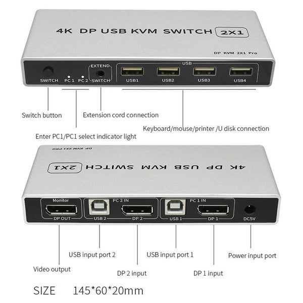 KVM Switches Dual Port 4K Or 8K Displayport Kvm Switch Usb 144Hz Dp Switcher 4Kx2k60hz 2K144hz In Out