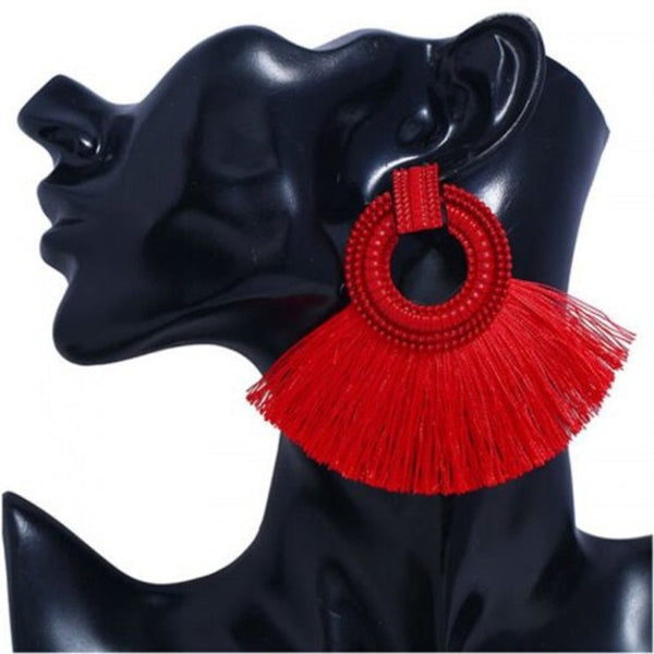 Earrings European Style Fashion Metal Simple Circle Exaggerated Tassel Drop Red 1 Pair