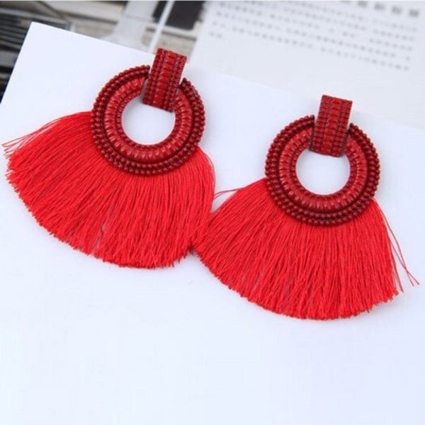 Earrings European Style Fashion Metal Simple Circle Exaggerated Tassel Drop Red 1 Pair