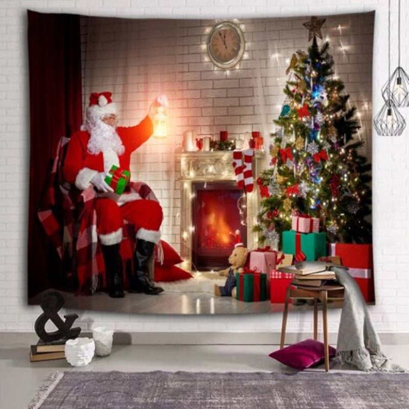 Seasonal Decorations Eve Santa Claus Stove Christmas Tree Printed Brushed Tapestry Firebrick W59 X L51 Inch