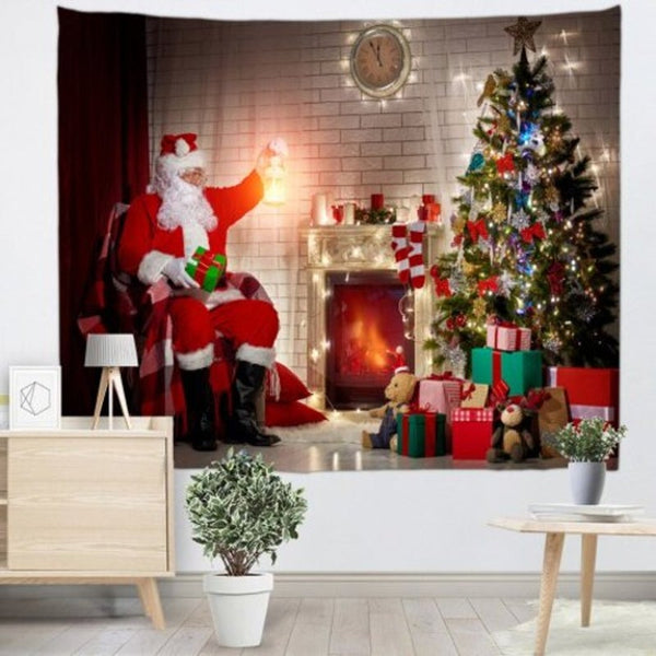 Seasonal Decorations Eve Santa Claus Stove Christmas Tree Printed Brushed Tapestry Firebrick W59 X L51 Inch