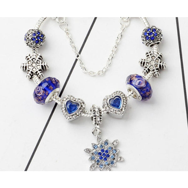 Fashion Creative Blue Crystal Snowflake Pendant Bracelet Diy Love Heart