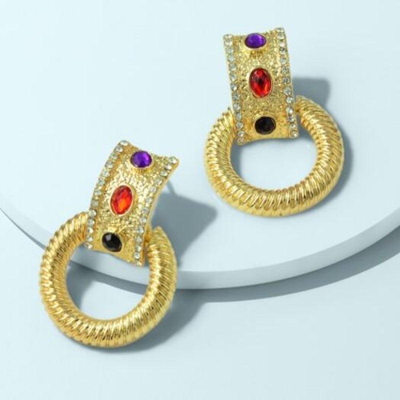 Earrings Fashion Temperament Court Gold Circle Diamond 1Pair