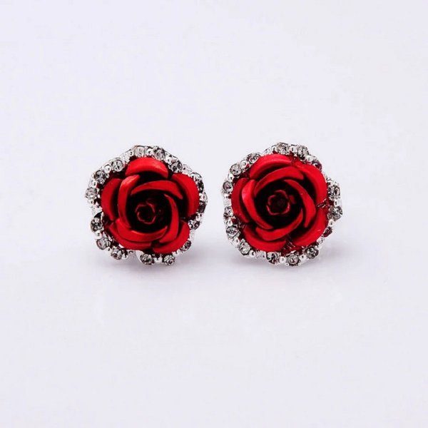 Fashion Colour Rose Rhinestone Stud Earrings Women Flowers Red