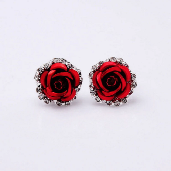 Earrings Fashion Colour Rose Rhinestone Stud Women Flowers Red