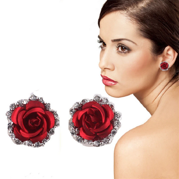 Fashion Colour Rose Rhinestone Stud Earrings Women Flowers Red