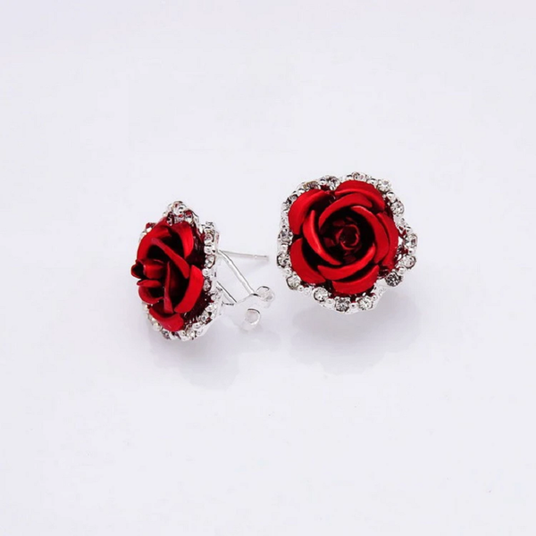 Earrings Fashion Colour Rose Rhinestone Stud Women Flowers Red