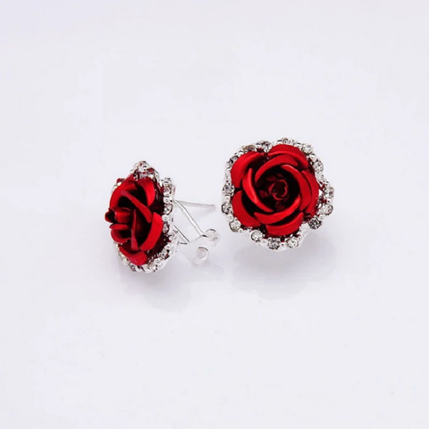 Fashion Colour Rose Rhinestone Stud Earrings Women Flowers Red