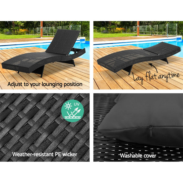 Loungers Gardeon Outdoor Sun Lounge Setting Wicker Lounger Day Bed Rattan Patio Furniture Black