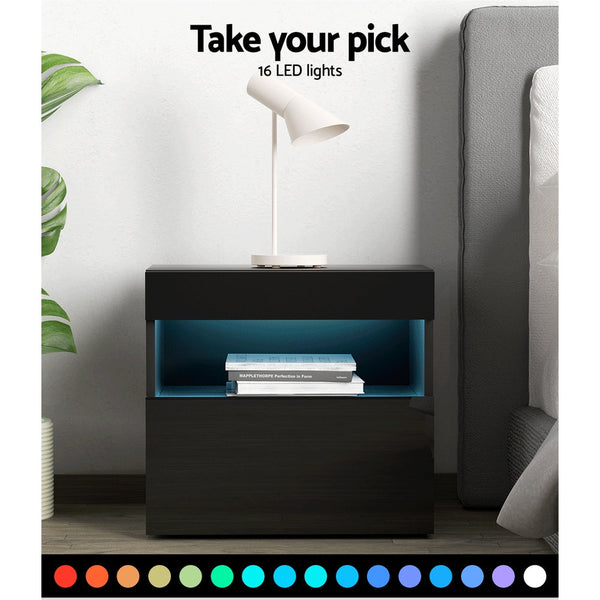 Bedside Tables Artiss Drawers Side Rgb Led High Gloss Nightstand Black