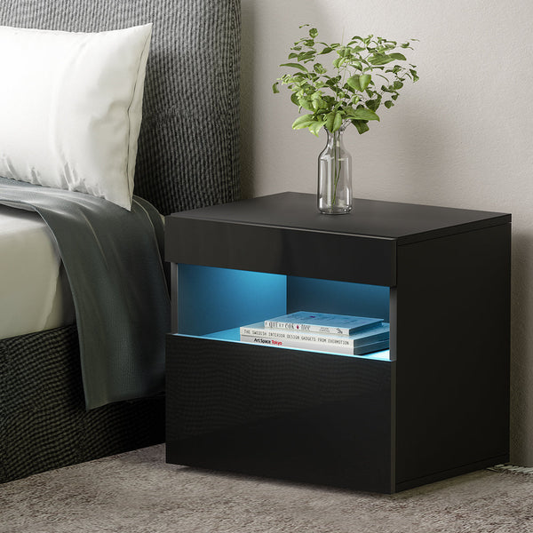 Bedside Tables Artiss Drawers Side Rgb Led High Gloss Nightstand Black