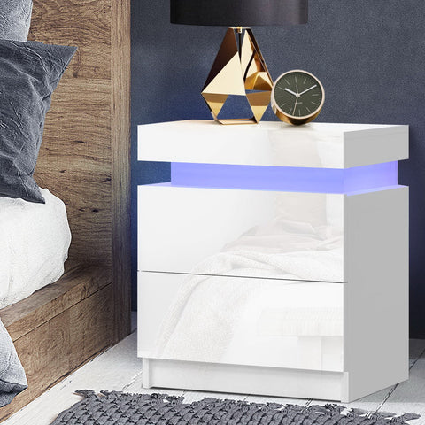 Artiss Bedside Tables Side Drawers Rgb Led High Gloss Nightstand White