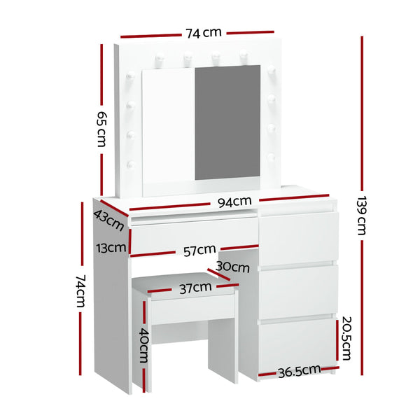 Dressing Tables Artiss Dressing Table Led Makeup Mirror Stool Set 12 Bulbs Vanity Desk White