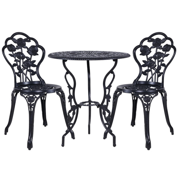 Gardeon 3Pc Outdoor Setting Cast Aluminium Bistro Table Chair Patio Black