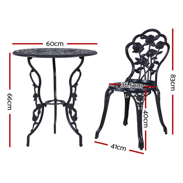 Gardeon 3Pc Outdoor Setting Cast Aluminium Bistro Table Chair Patio Black