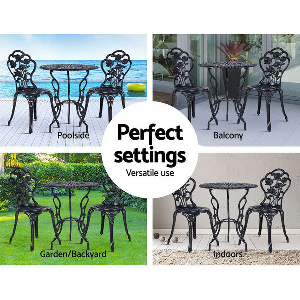 Gardeon 3Pc Outdoor Setting Cast Aluminium Bistro Table Chair Patio Black