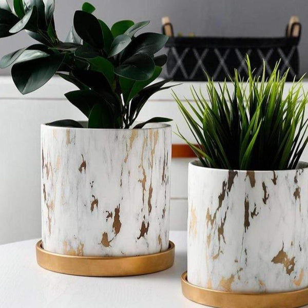 Baskets, Pots, Window Boxes Marble Design White Pot With Gold Tray Nordic Home Decor