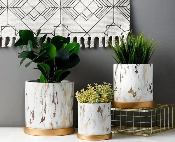 Baskets, Pots, Window Boxes Marble Design White Pot With Gold Tray Nordic Home Decor