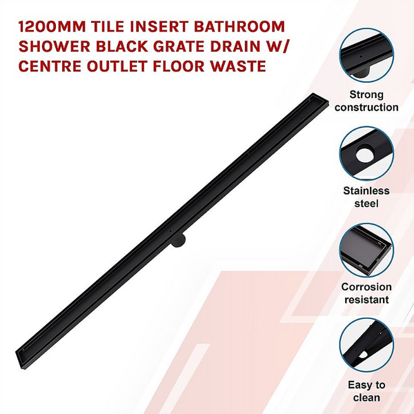 Drain Grates 1200Mm Tile Insert Bathroom Shower Black Grate Drain W/Centre Outlet Floor Waste