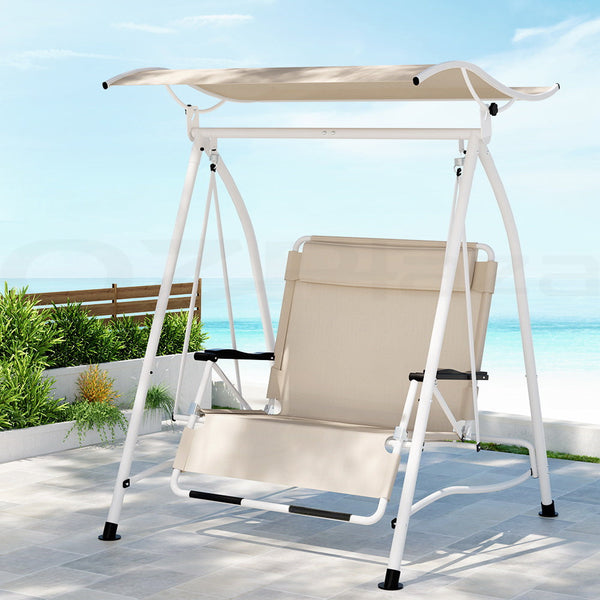 Loungers Gardeon Outdoor Swing Chair Garden Lounger 2 Seater Canopy Patio Furniture Beige