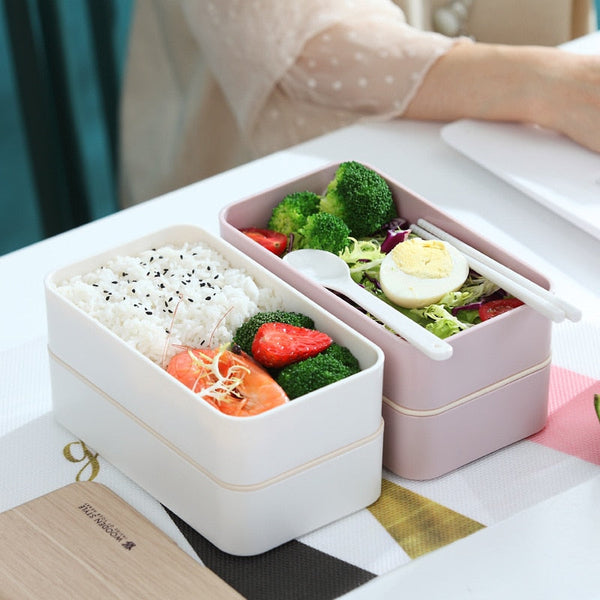 Bento Lunch Box Double Layer Container Utensil Chopstick Microwave Safe