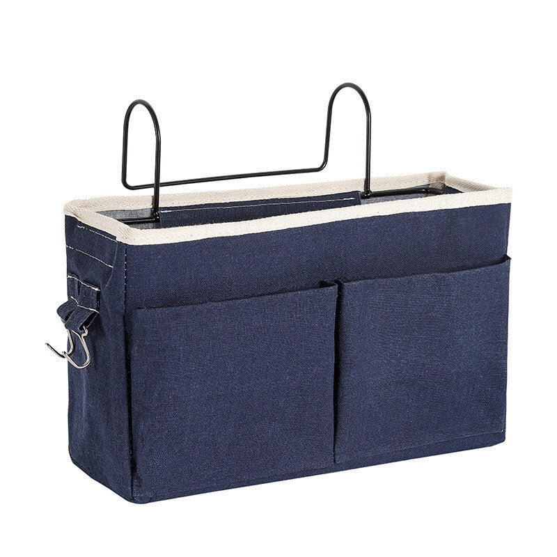 Cotton Linen Bedside Pouch Car Organizer Hanging Storage Bag Dark Blue