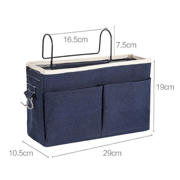 Cotton Linen Bedside Pouch Car Organizer Hanging Storage Bag Dark Blue