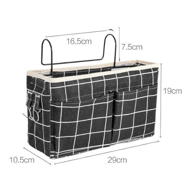 Storage Bags Cotton Linen Bedside Pouch Car Organizer Hanging Storage Bag Grey Checkered