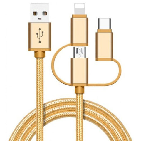 High Speed Nylon Braided Fast Charging 3 In 1 Usb Charger Cable For Iphone Android Type Mobile Phones Golden