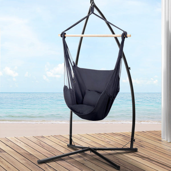 Gardeon Outdoor Hammock Chair With Steel Stand Hanging Pillow Grey