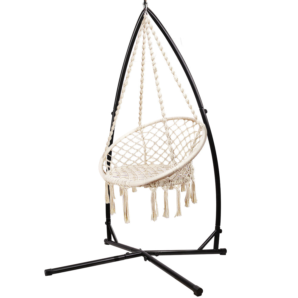 Hammocks Gardeon Outdoor Hammock Chair With Steel Stand Cotton Swing Hanging 124Cm Cream