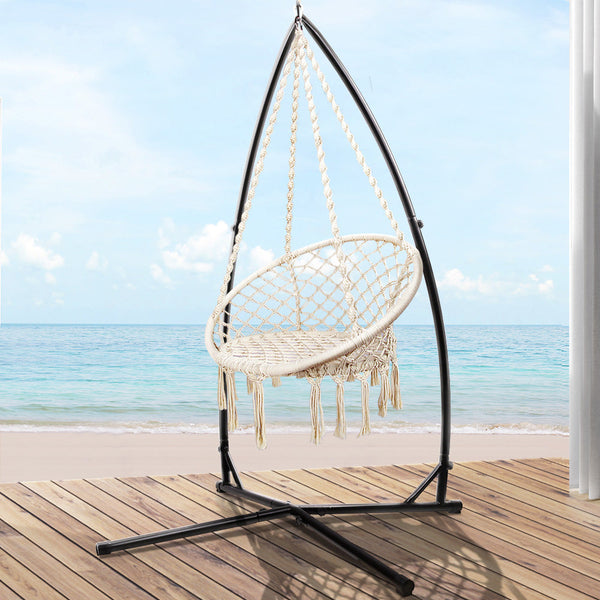 Gardeon Outdoor Hammock Chair With Steel Stand Cotton Swing Hanging 124Cm Cream