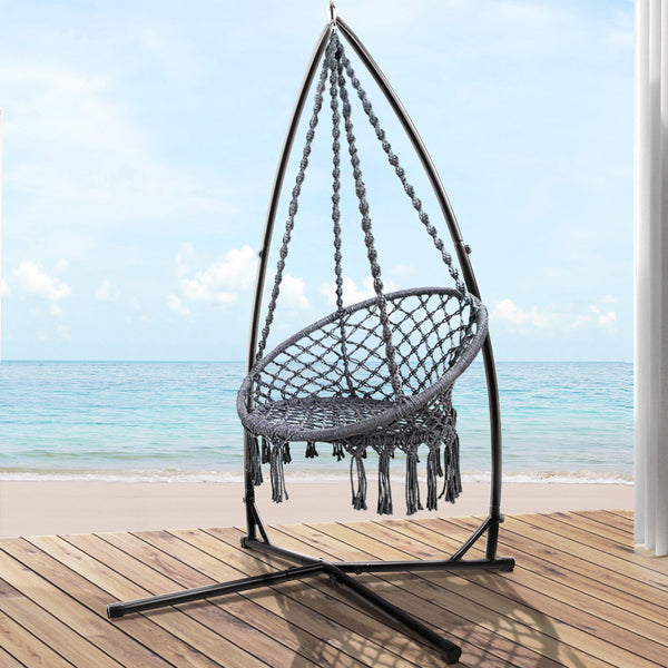 Hammocks Gardeon Outdoor Hammock Chair With Steel Stand Cotton Swing Hanging 124Cm Grey