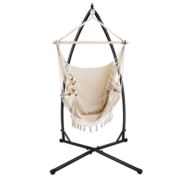 Gardeon Outdoor Hammock Chair With Steel Stand Tassel Hanging Rope Cream
