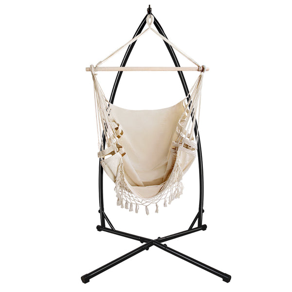 Hammocks Gardeon Outdoor Hammock Chair With Steel Stand Tassel Hanging Rope Cream