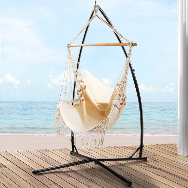 Gardeon Outdoor Hammock Chair With Steel Stand Tassel Hanging Rope Cream