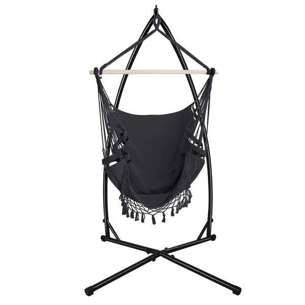 Hammocks Gardeon Outdoor Hammock Chair With Steel Stand Tassel Hanging Rope Grey