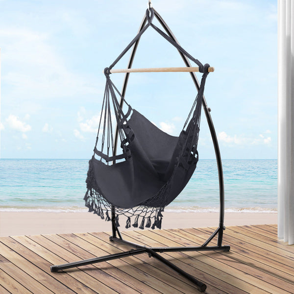 Hammocks Gardeon Outdoor Hammock Chair With Steel Stand Tassel Hanging Rope Grey