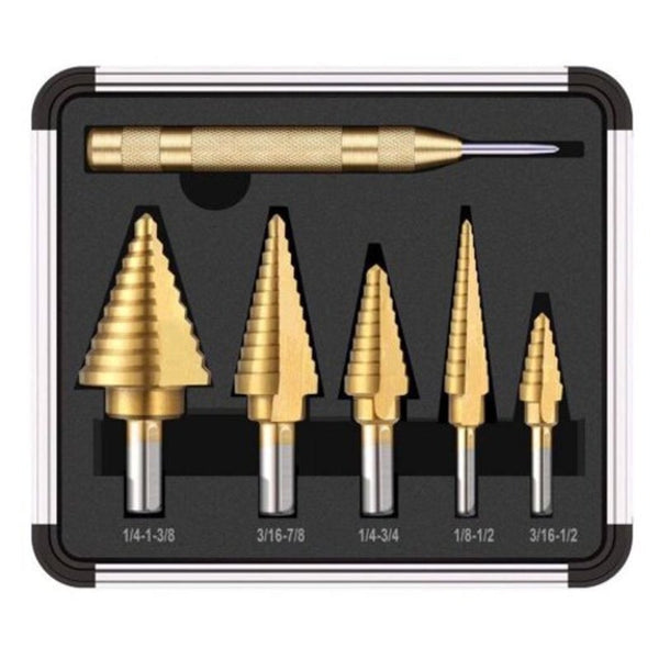 Drill Bits Titanium Coated Step Drill Bit With Center Punch Hole Cutter Drilling Tool 6Pcs Gold