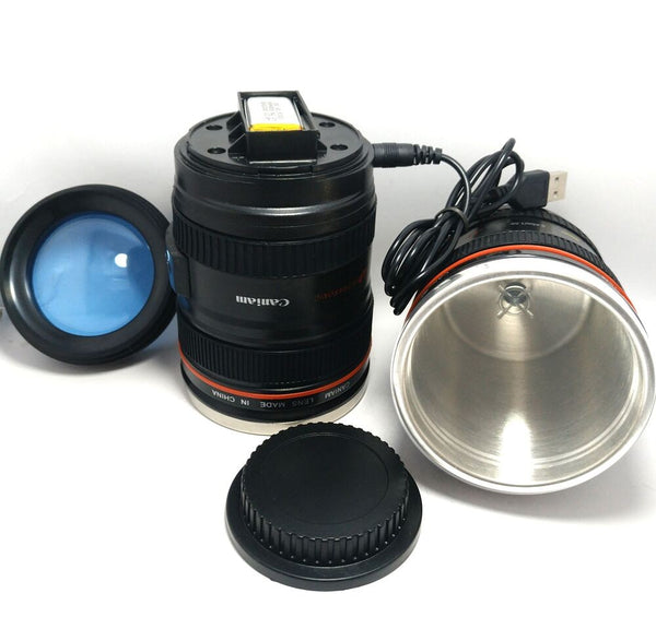 300Ml Stainless Steel Camera Lens Shape Self Stirring Mug Coffee Cup Novelty Gift